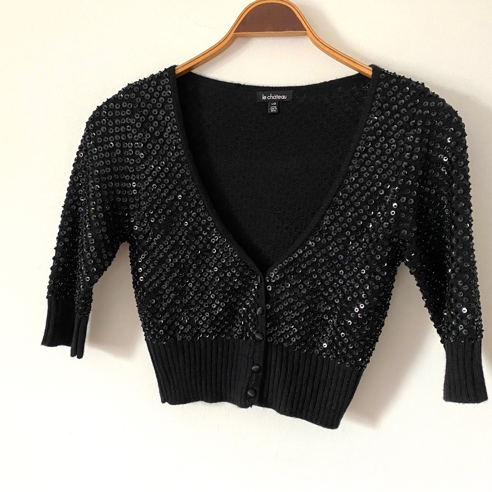 Vintage Beaded and Sequined Cardigan Sweater, Black Satin Buttons, Size Large L